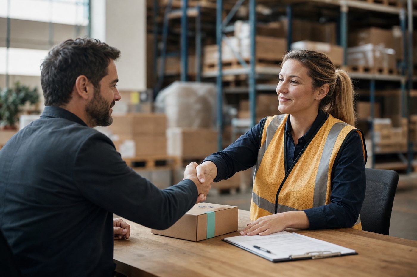 A brand owner and a Bayview Retail buyer shaking hands over a signed purchase order and a product sample