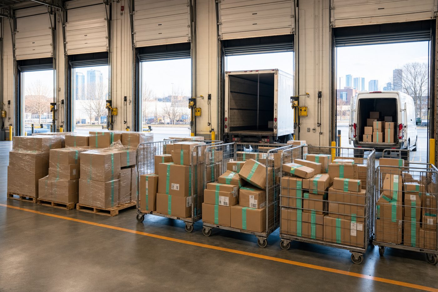 Pallets and courier cages of packed parcels lined up along the open loading doors, a truck and a van backed in to load