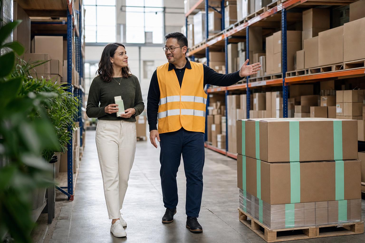 A brand owner and a Bayview manager walking the warehouse aisle together, talking through the plan